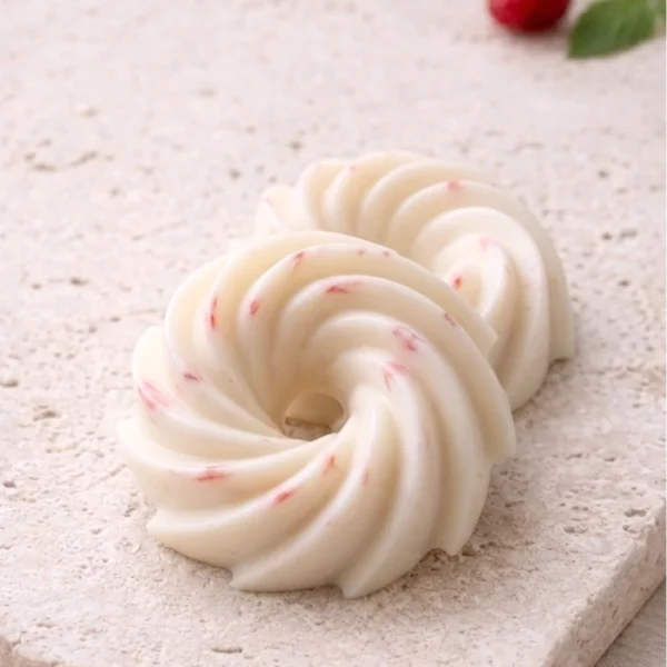 Fondant parfumé artisanal Framboise Sauvage en cire végétale, style minimaliste sur fond épuré