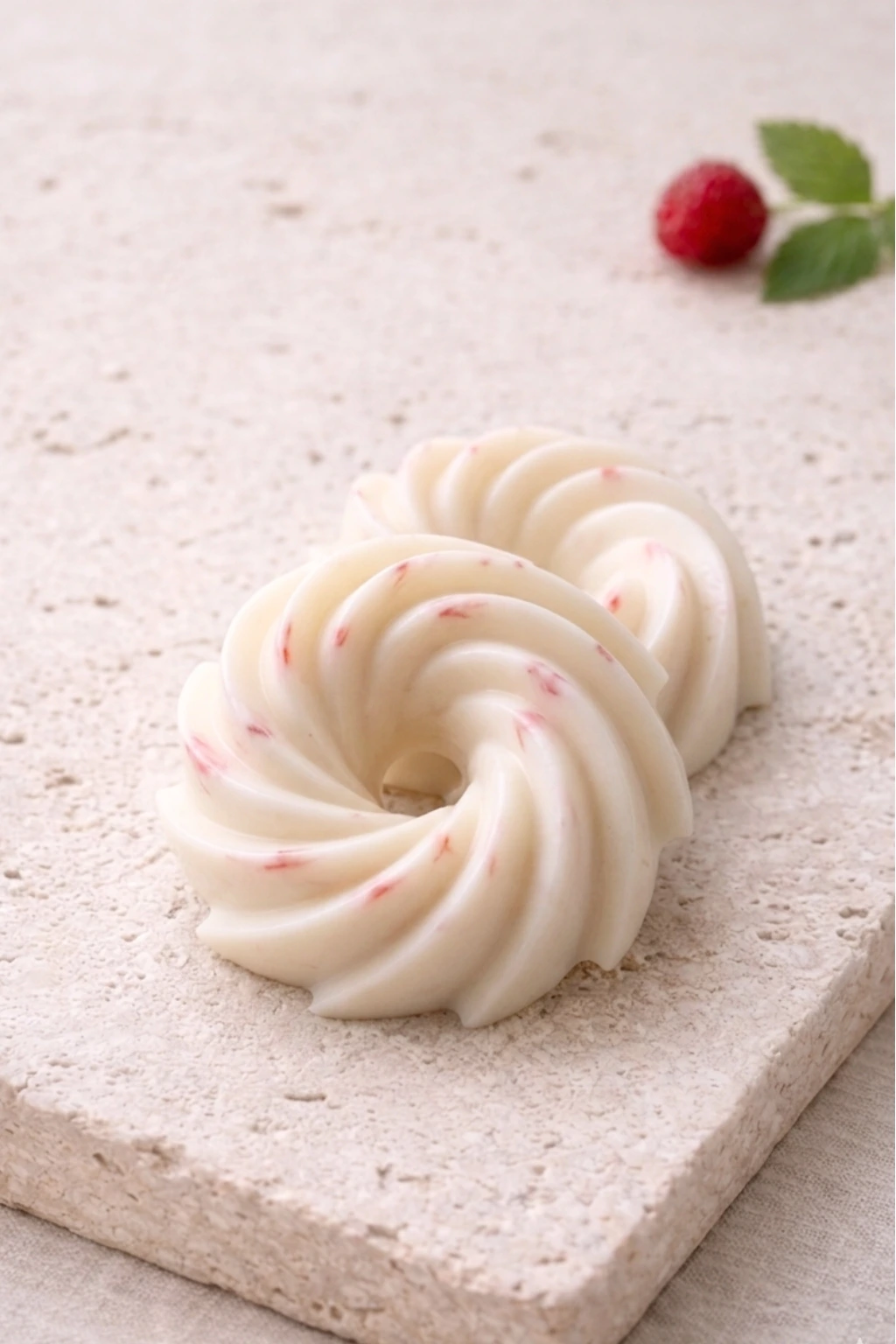 Fondant parfumé artisanal Framboise Sauvage en cire végétale, style minimaliste sur fond épuré