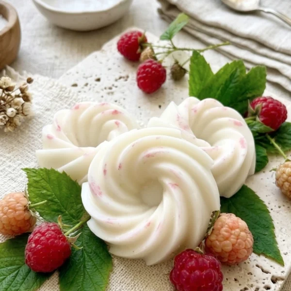 Fondant parfumé artisanal Framboise Sauvage en cire végétale, style minimaliste sur fond épuré