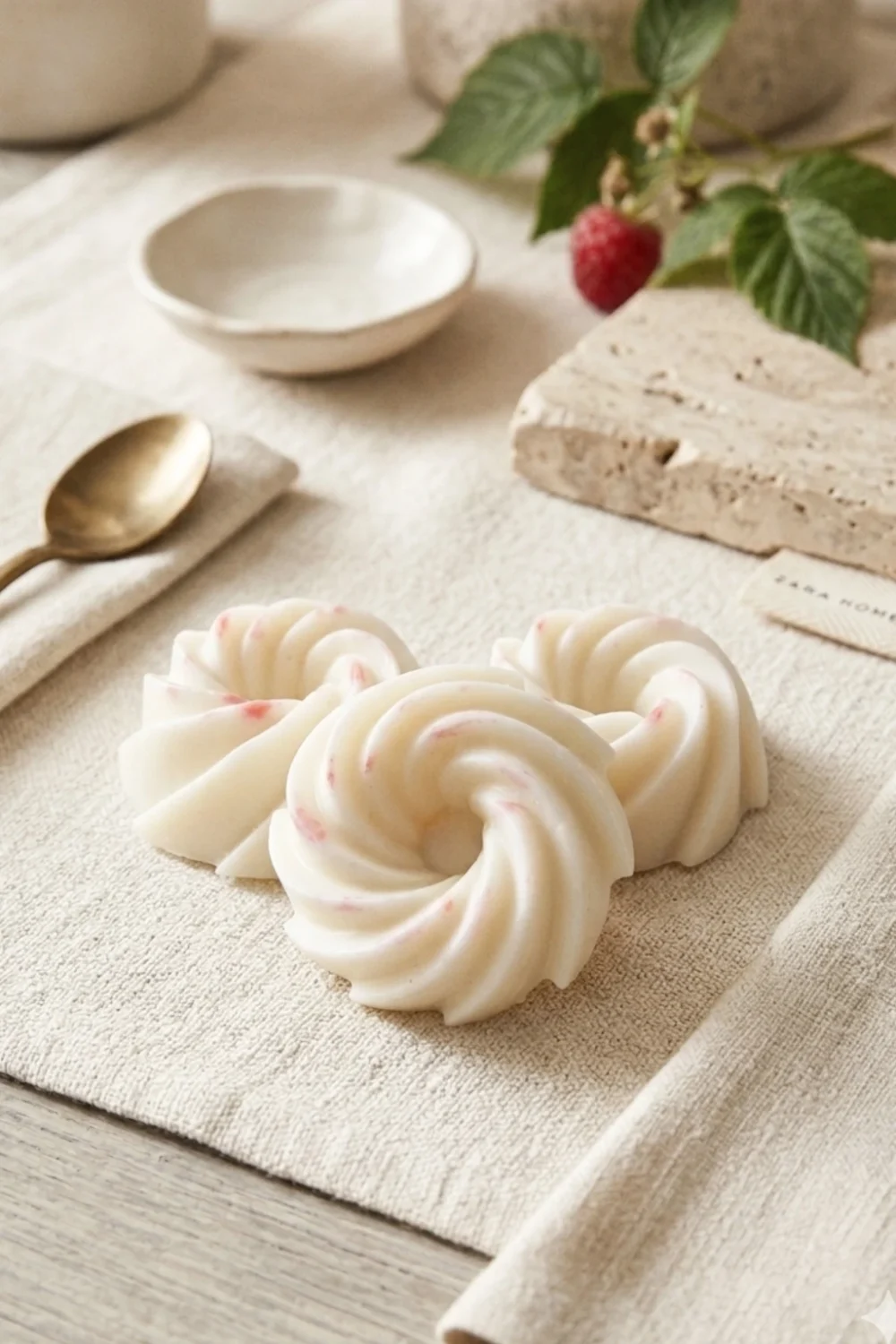 Fondant parfumé artisanal Framboise Sauvage en cire végétale, style minimaliste sur fond épuré