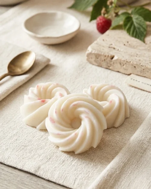 Fondant parfumé artisanal Framboise Sauvage en cire végétale, style minimaliste sur fond épuré