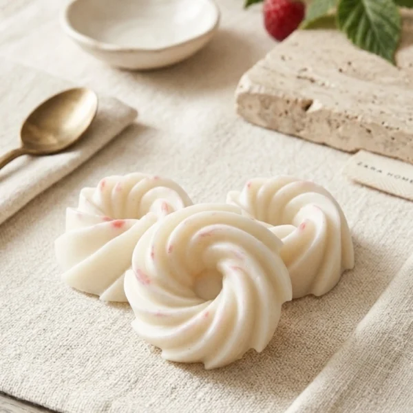 Fondant parfumé artisanal Framboise Sauvage en cire végétale, style minimaliste sur fond épuré