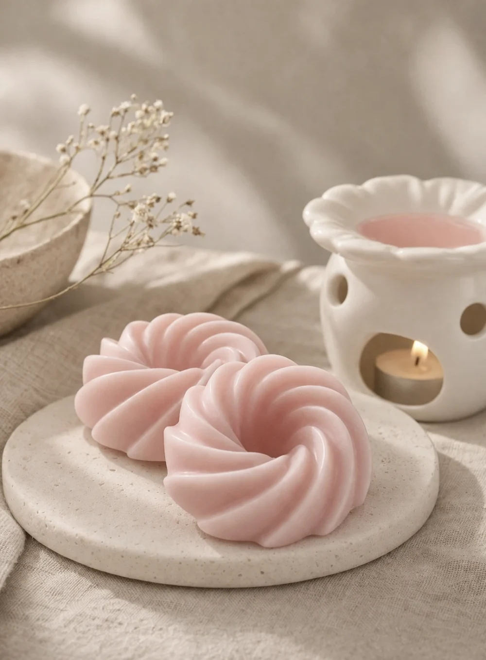 Fondant de cire végétale artisanale Barbe à Papa pour brûle-parfum, décor épuré.