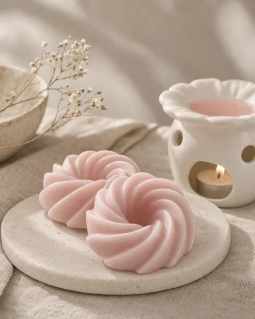 Fondant de cire végétale artisanale Barbe à Papa pour brûle-parfum, décor épuré.