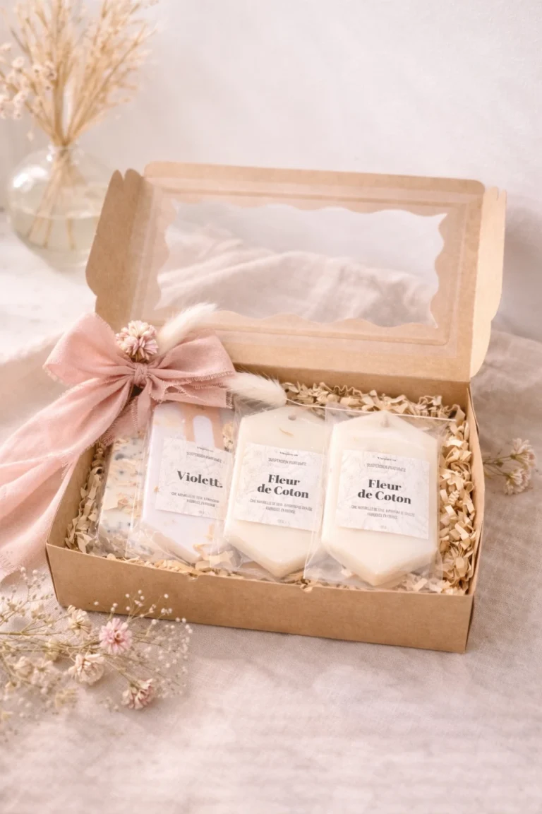 Coffret de suspensions de cire parfumés pour dressing, design minimaliste et fleurs séchées.