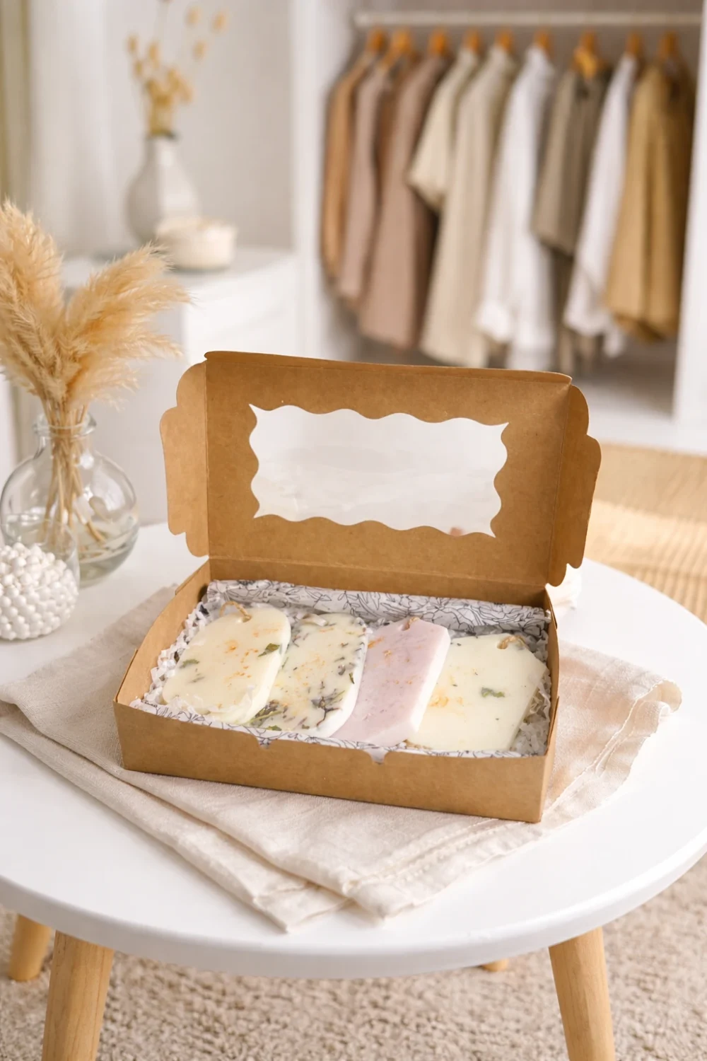 Coffret de suspensions de cire parfumés pour dressing, design minimaliste et fleurs séchées. armoire et dressing