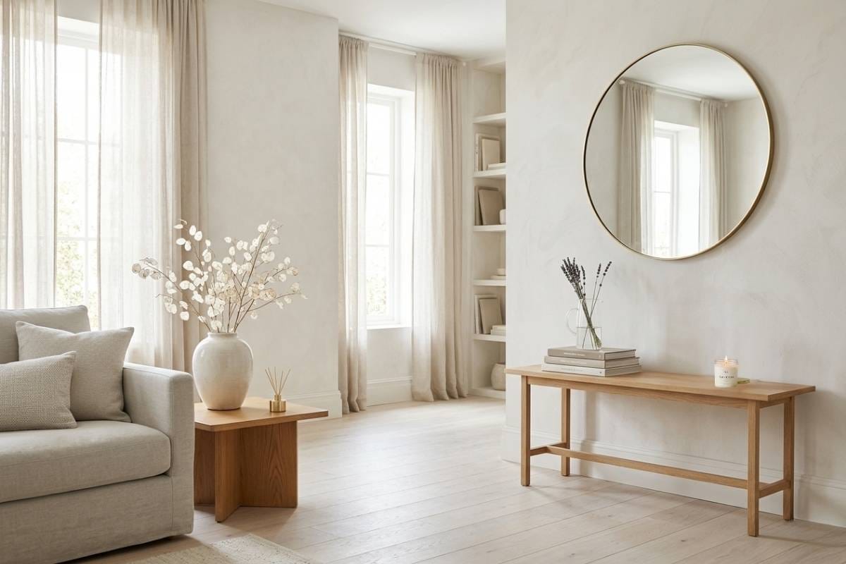 Un intérieur propre, après l'utilisation des solutions naturelles et efficaces pour éliminer les mauvaises odeurs. La décoration minimaliste et moderne, une bougie parfumée Niõ sur la console, un diffuseur de parfum d'ambiance sur la table balle. L'atmosphère épurée et sereine.