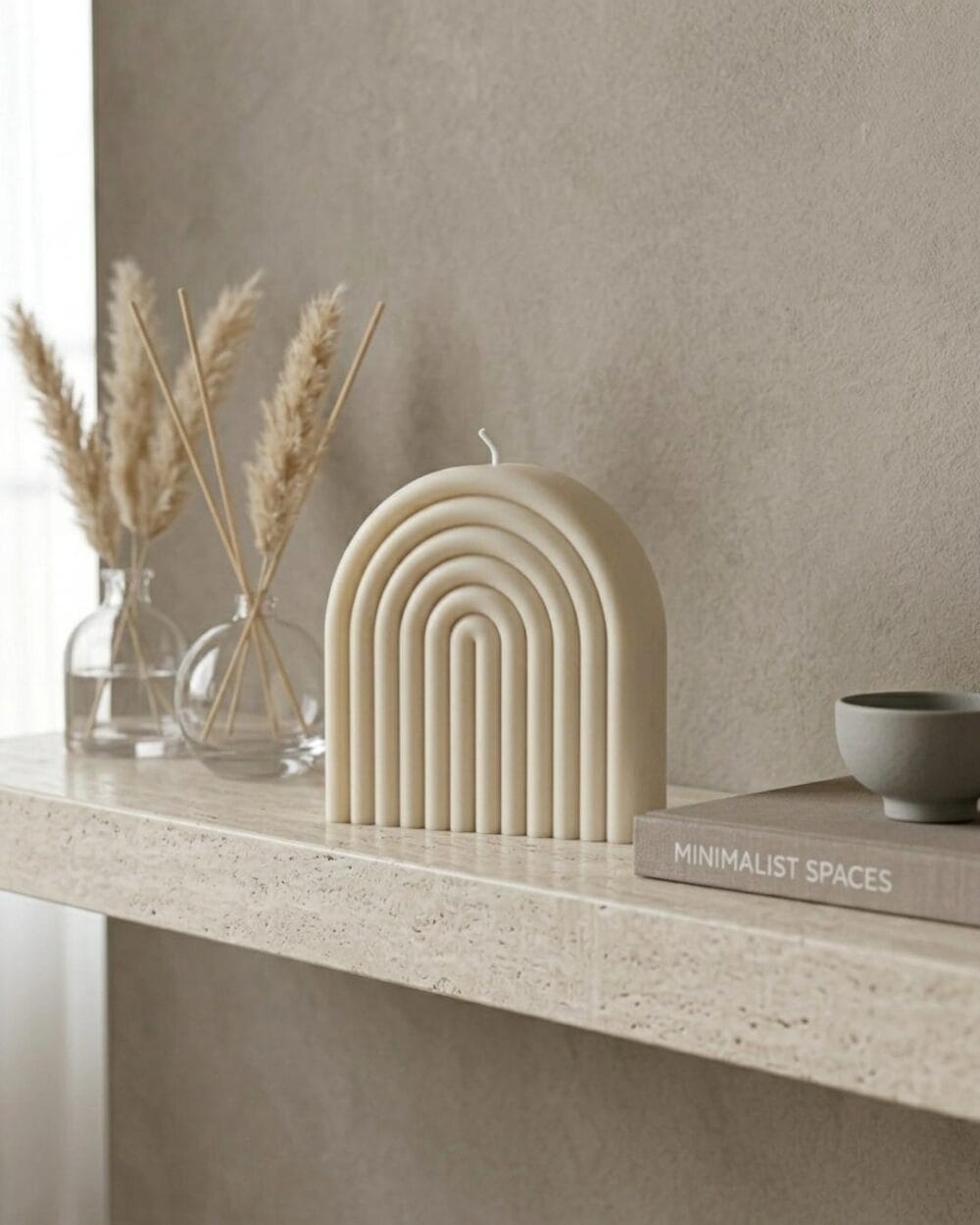 Bougie Rainbow posée sur une étagère d'un intérieur à la décoration minimaliste. Bougie Déco Parfumée - Rainbow - Fait Main - Objet décoration minimaliste - Niõ