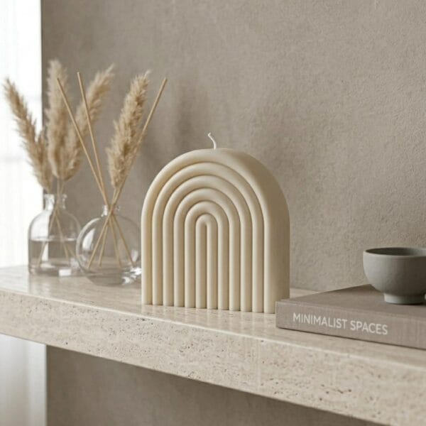 Bougie Rainbow posée sur une étagère d'un intérieur à la décoration minimaliste. Bougie Déco Parfumée - Rainbow - Fait Main - Objet décoration minimaliste - Niõ