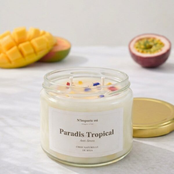 Bougie Anti-Tabac Paradis Tropical - pot en verre et couvercle metal doré - collection Bohème - Niõ Bougie Anti-Tabac Paradis Tropical - pot en verre et couvercle metal doré - collection Bohème - Niõ