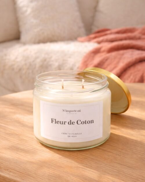 bougie parfumee fleur de coton cire vegetale pot verre couvercle dore