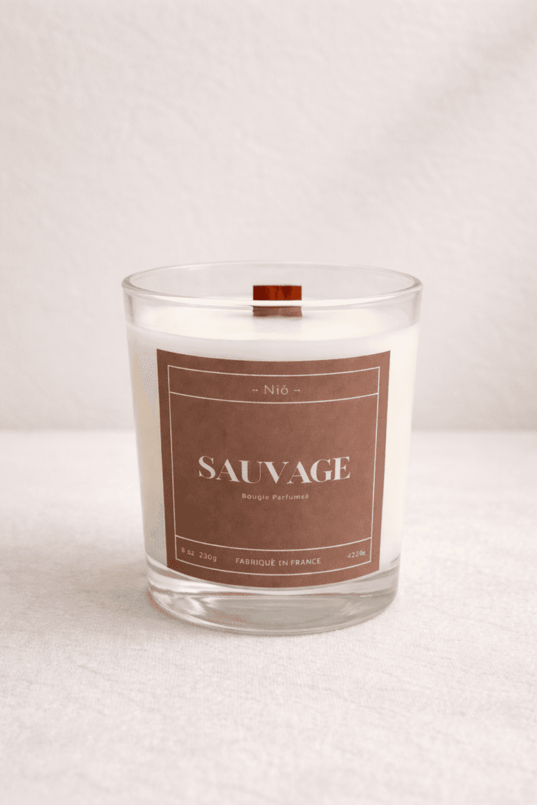 Bougie parfumée Sauvage de luxe dans son écrin noir minimaliste, notes orange ambre et mousse d'arbre.