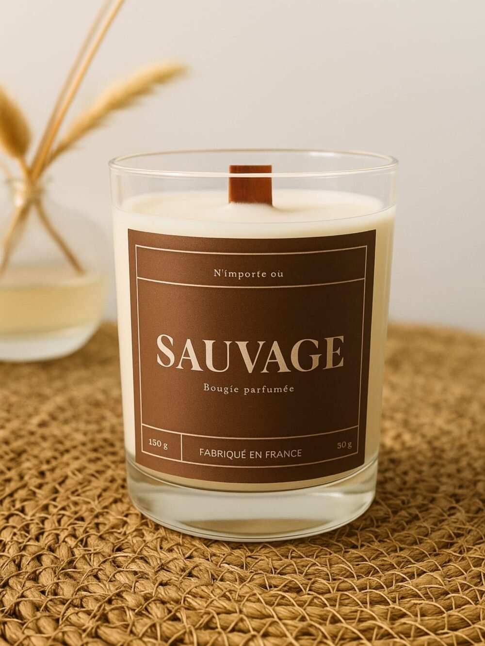 Décoration intérieure masculine avec bougie Sauvage allumée sur un bureau en bois sombre, ambiance tamisée et raffinée.