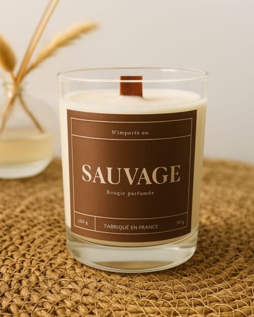 Décoration intérieure masculine avec bougie Sauvage allumée sur un bureau en bois sombre, ambiance tamisée et raffinée.