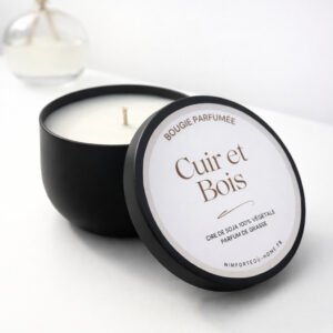 Bougie Cuir et bois pot metal noir