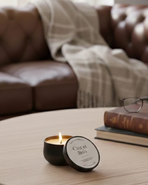 Bougie Cuir et bois pot metal noir