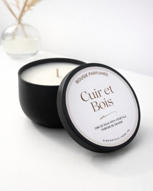 Bougie Cuir et bois pot metal noir