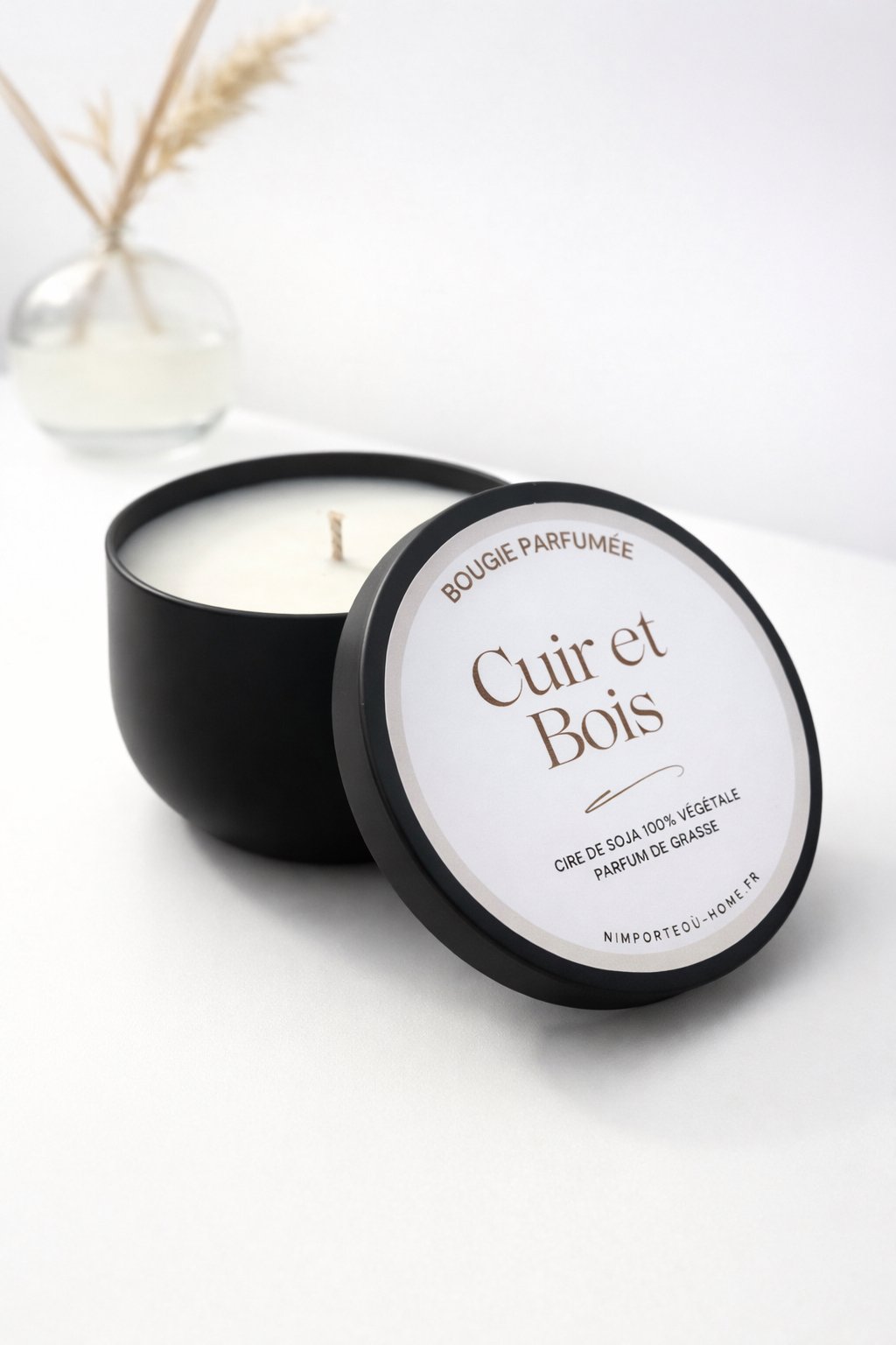 Bougie Cuir et bois pot metal noir