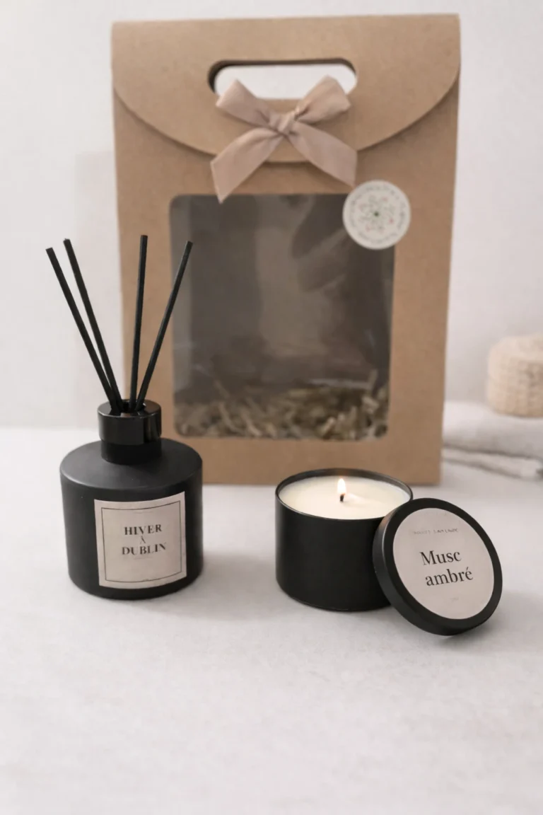 Coffret cadeau L'Empreinte ouvert avec bougie Musc Ambré et diffuseur Hiver à Dublin, style minimaliste.