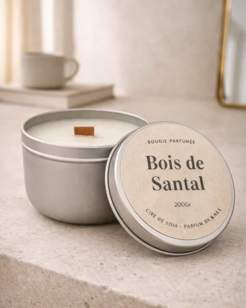Bougie parfumé dans un Pot métal argent Senteur bois de santal ambiance sobre pierre