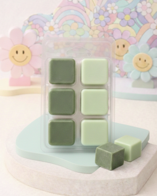 Fondants parfumés Yuzu Thé Vert en cire de soja, parfum frais aux notes d’agrumes et thé vert, ambiance rétro pastel.