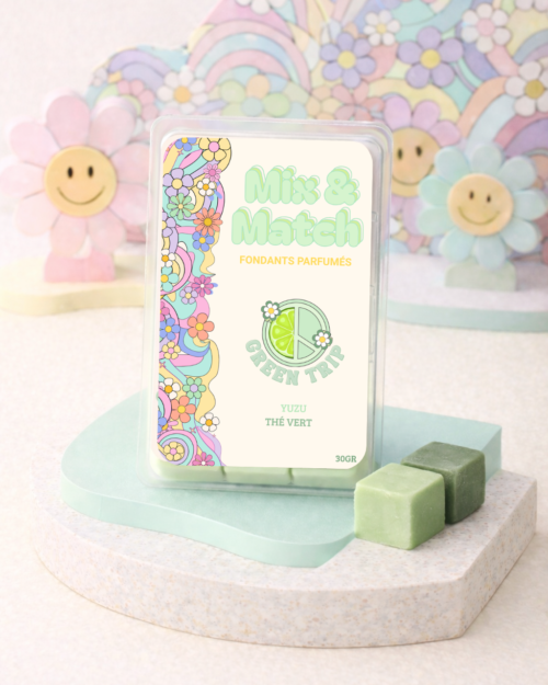 Fondants parfumés Yuzu Thé Vert en cire de soja, parfum frais aux notes d’agrumes et thé vert.