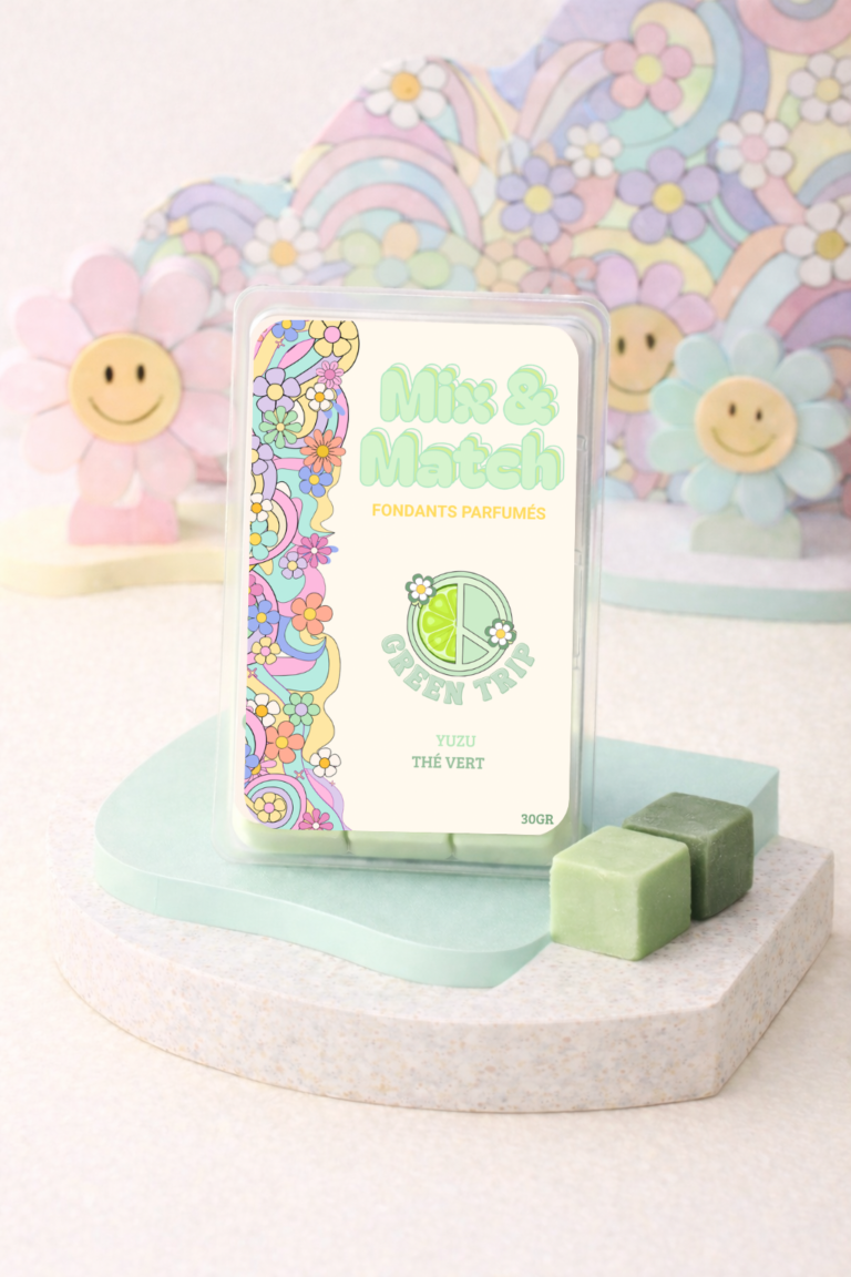 Fondants parfumés Yuzu Thé Vert en cire de soja, parfum frais aux notes d’agrumes et thé vert.