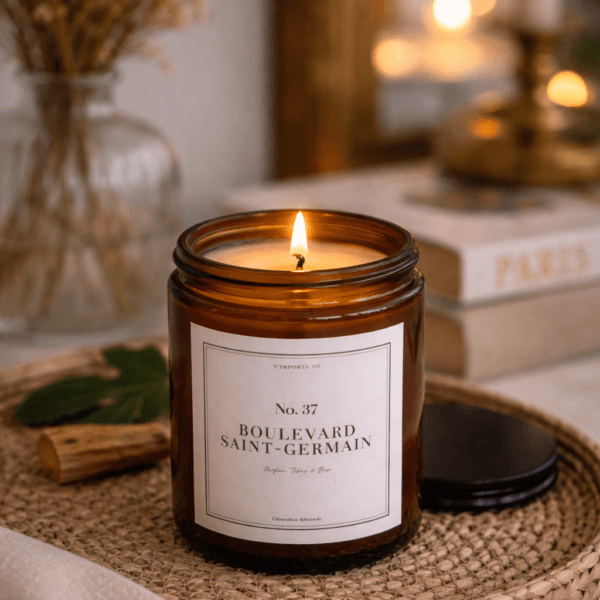 Détail d'une bougie de luxe allumée à côté de feuilles de tabac séchées et d'un bloc de bois de santal dans un appartement style parisienGauche Paris.