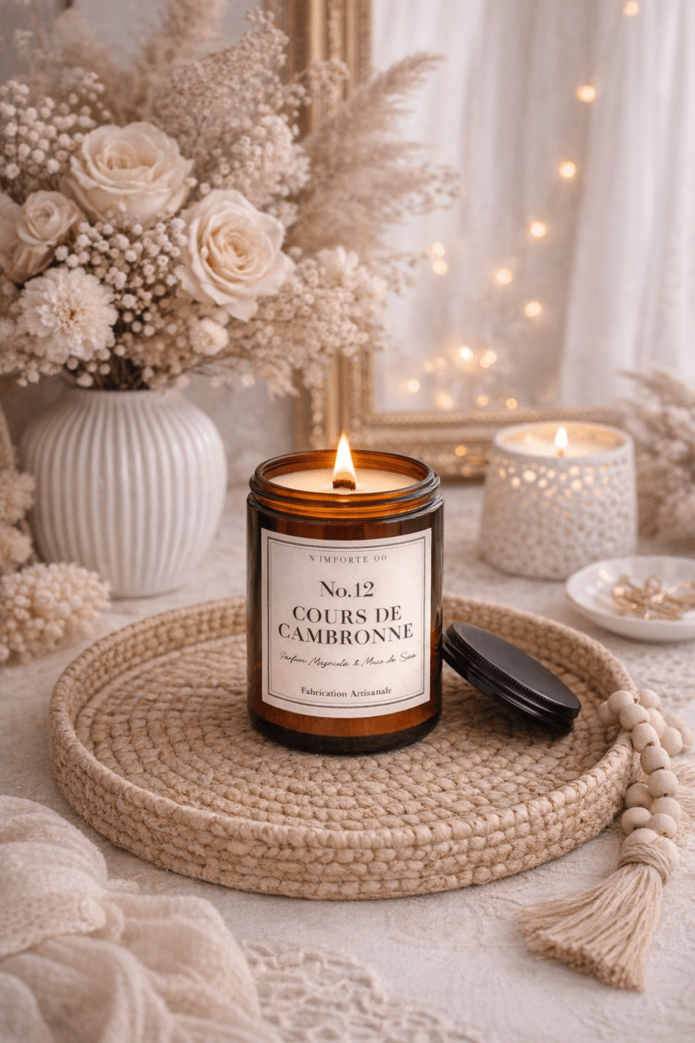 Bougie parfumée magnolia Cours de Cambronne ambiance bohème chic fleurs séchées intérieur parisien