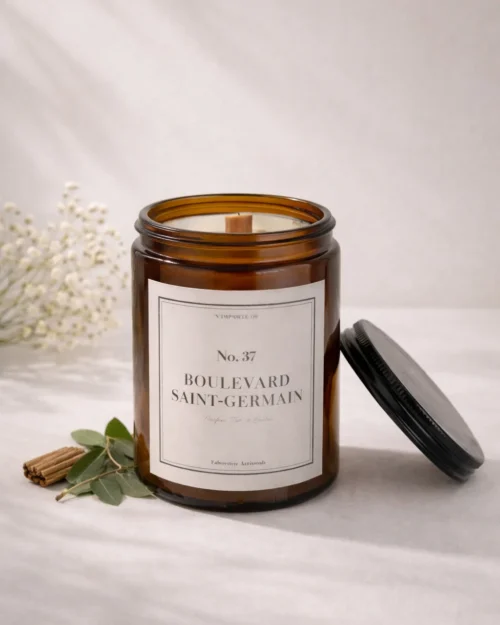 Bougie parfumée artisanale 37 Boulevard Saint-Germain, étiquette blanche sobre, posée sur un vieux livre à la reliure en cuir usée, ambiance salon de lecture ancien.