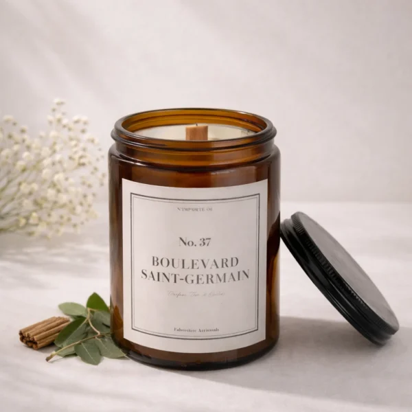 Bougie parfumée artisanale 37 Boulevard Saint-Germain, étiquette blanche sobre, posée sur un vieux livre à la reliure en cuir usée, ambiance salon de lecture ancien.
