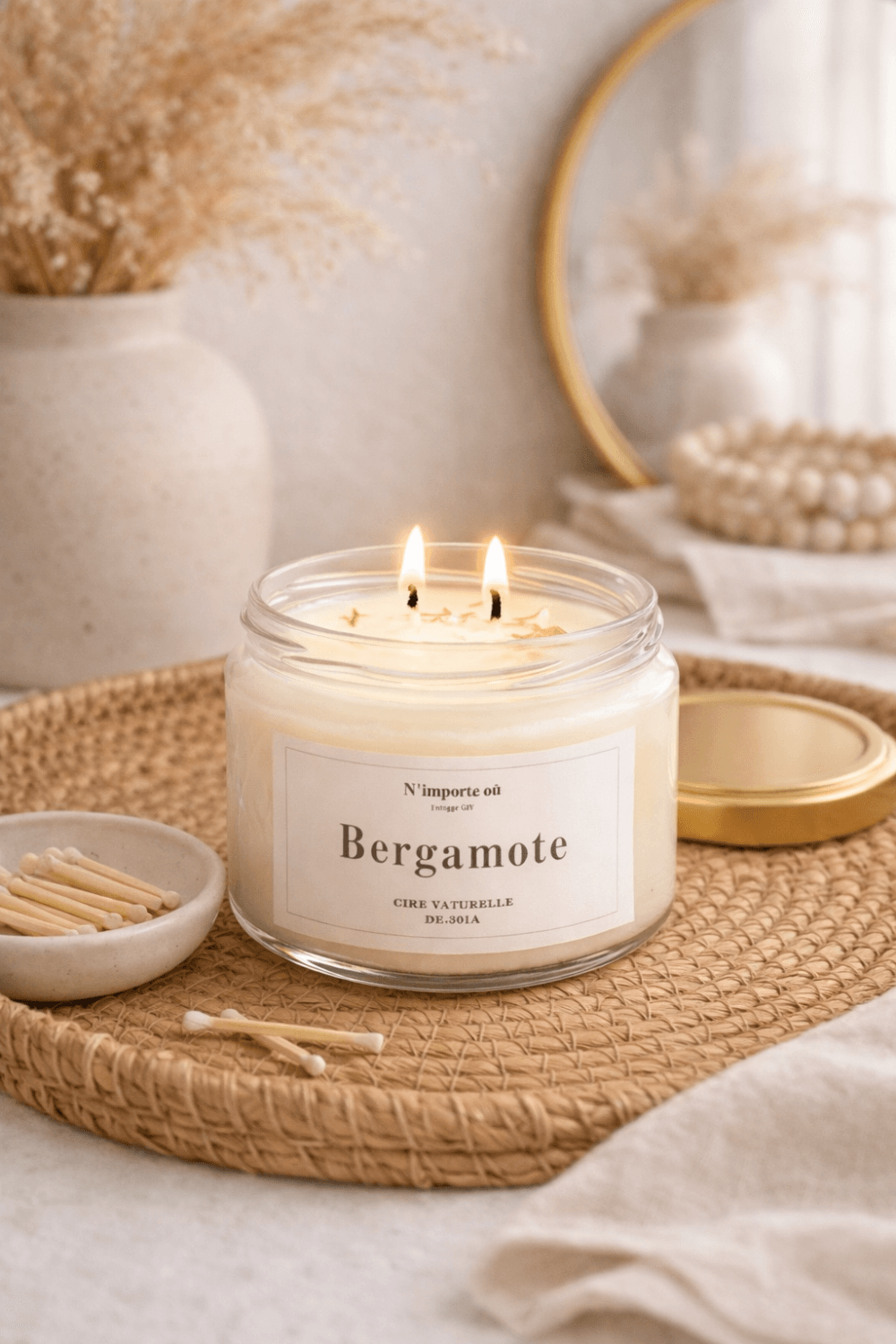 Bougie parfumée bergamote collection bohème verre couvercle doré ambiance minimaliste chic