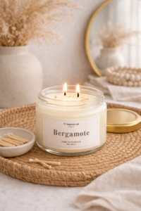 Bougie parfumée bergamote collection bohème verre couvercle doré ambiance minimaliste chic