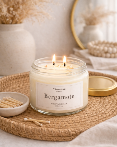 Bougie parfumée bergamote collection bohème verre couvercle doré ambiance minimaliste chic