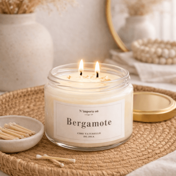 Bougie parfumée bergamote collection bohème verre couvercle doré ambiance minimaliste chic