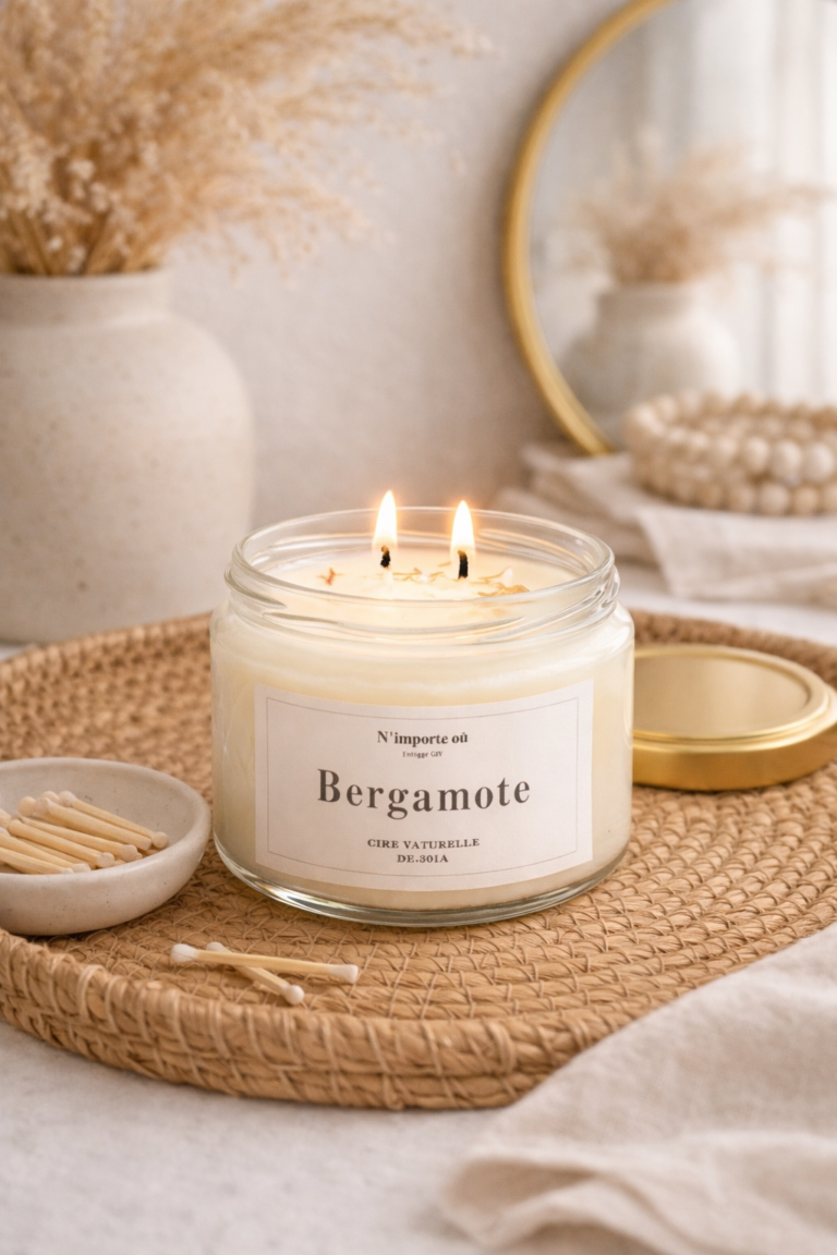 Bougie parfumée bergamote collection bohème verre couvercle doré ambiance minimaliste chic