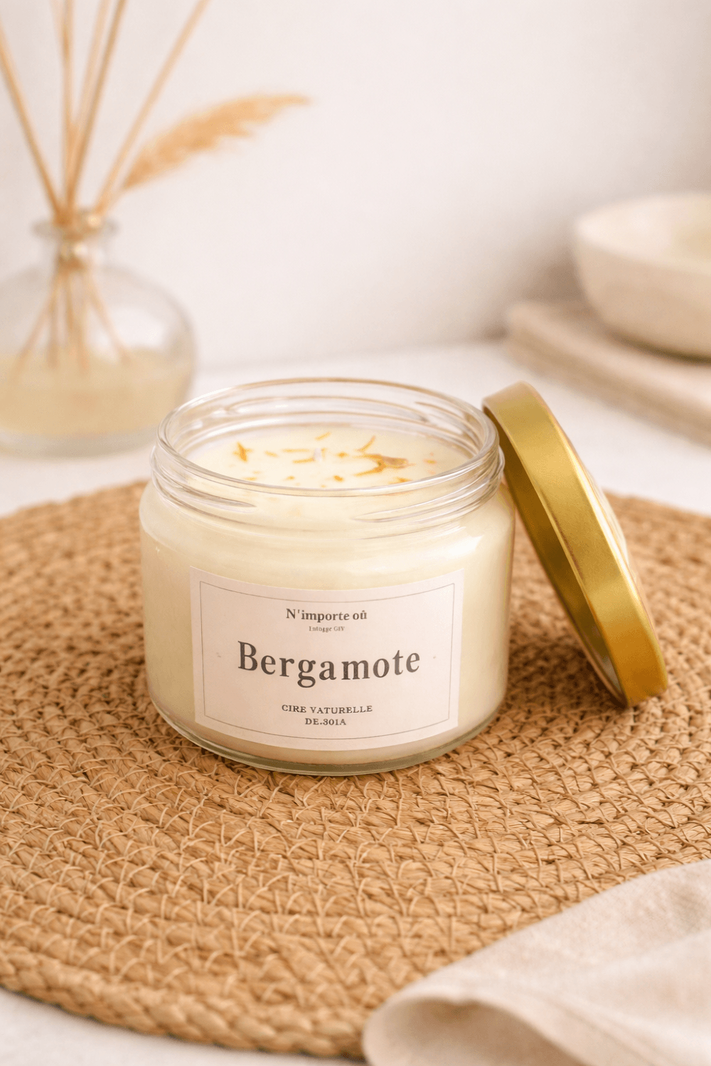 Bougie parfumée bergamote cire de soja bohème chic verre couvercle doré