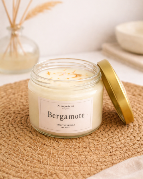 Bougie parfumée bergamote cire de soja bohème chic verre couvercle doré