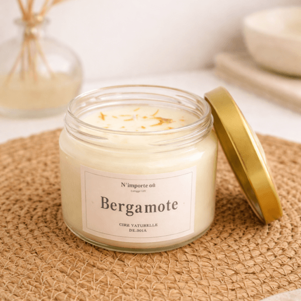 Bougie parfumée bergamote cire de soja bohème chic verre couvercle doré
