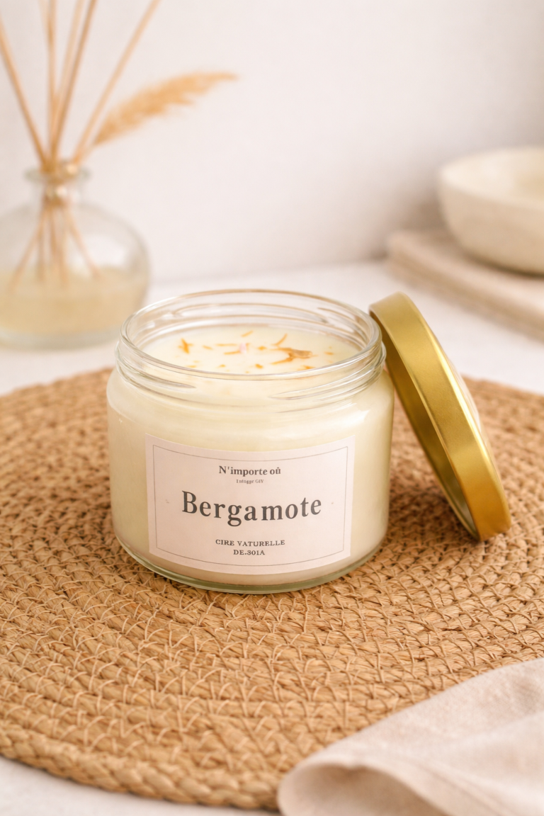 Bougie parfumée bergamote collection bohème verre couvercle doré ambiance minimaliste chic