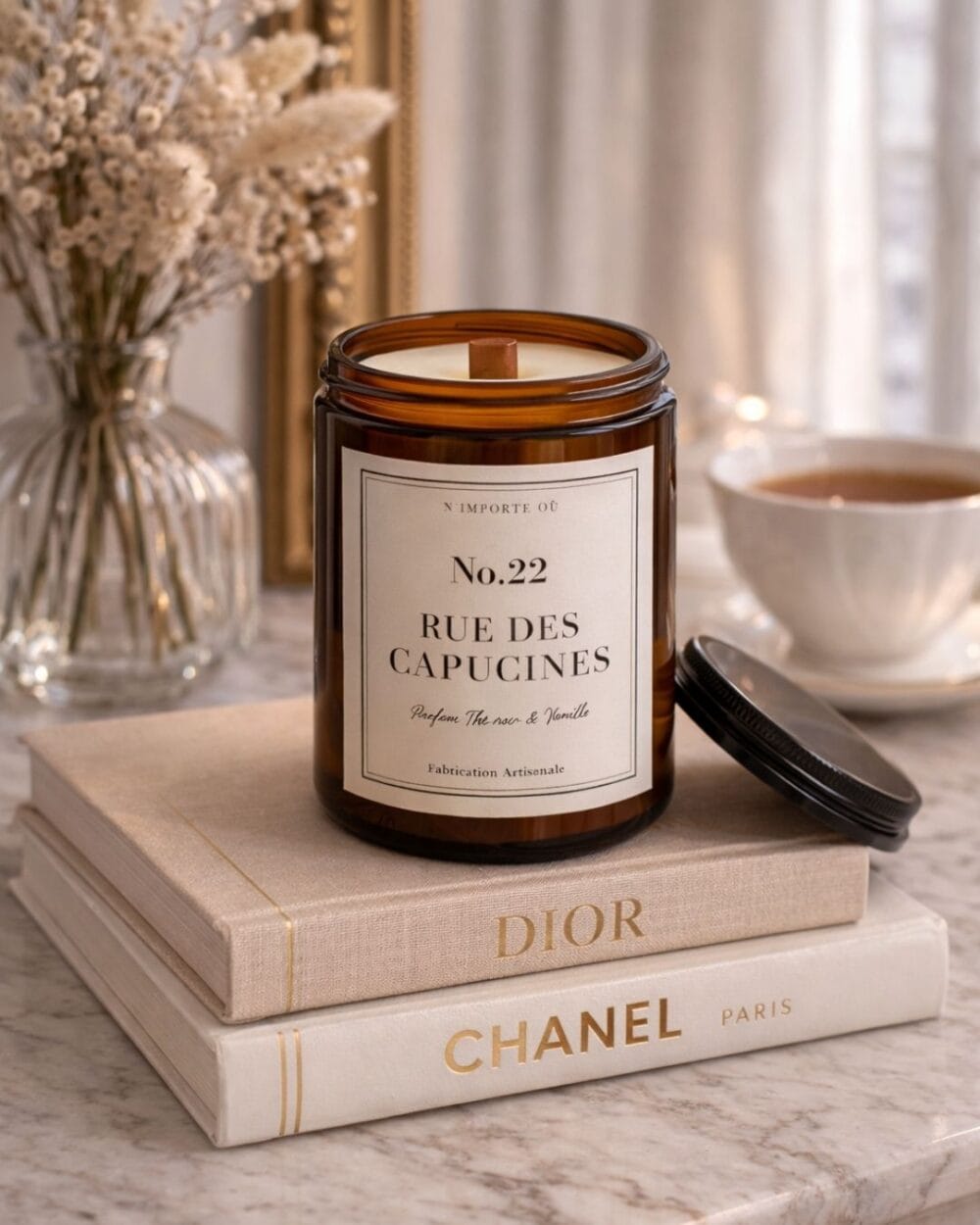 Bougie parfumée Thé Noir et Vanille épicée - 22 rue des Capucines - pot premium en verre - Niõ par N’importe où
