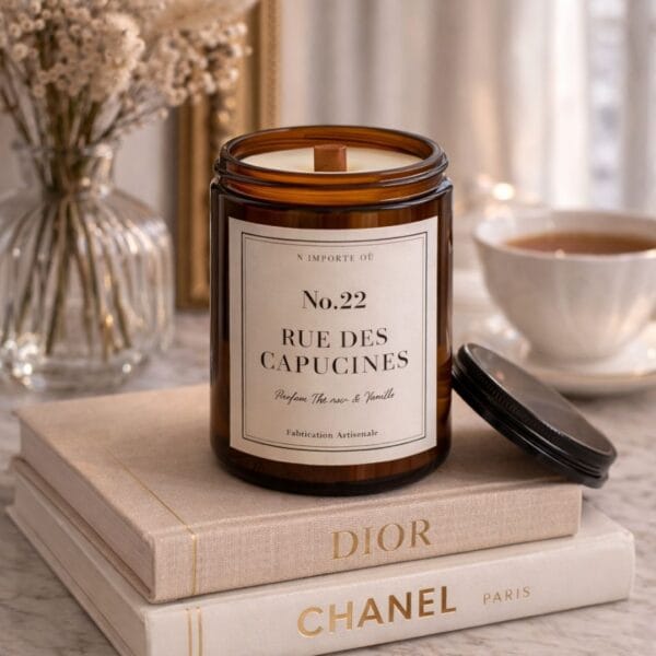 Bougie parfumée Thé Noir et Vanille épicée - 22 rue des Capucines - pot premium en verre - Niõ par N’importe où