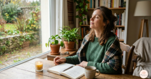 Femme sereine assise à une table en bois avec une bougie allumée et un carnet, illustrant une ambiance olfactive pour la relaxation.