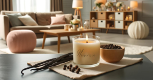 Maison saine et purifiée — solutions naturelles pour éliminer les mauvaises odeurs N'importe Où - Intérieur d'un appartement. Au premier plan une bougie parfumée allumée, avec les gousses de vanille posées sur la table à coté de la bougie. En arrière plan, une table basse, un canapé et une commode. L'appartement semble propre, frais et lumineux.
