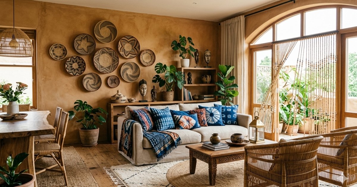 Pinterest Predicts 2026 l'image d'un salon-séjour dans le style Afrohemian comme par exemple avec des tissus Adire du Nigeria aux motifs flamboyants, des paniers tressés qui racontent des histoires ancestrales, et des rideaux en perles de bambou qui tintent doucement dès qu’un courant d’air traverse la pièce
