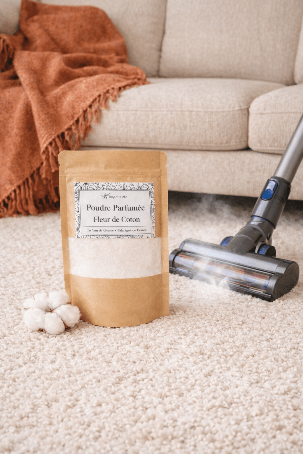 poudre parfumee fleur de coton parfum doux linge propre aspirateur