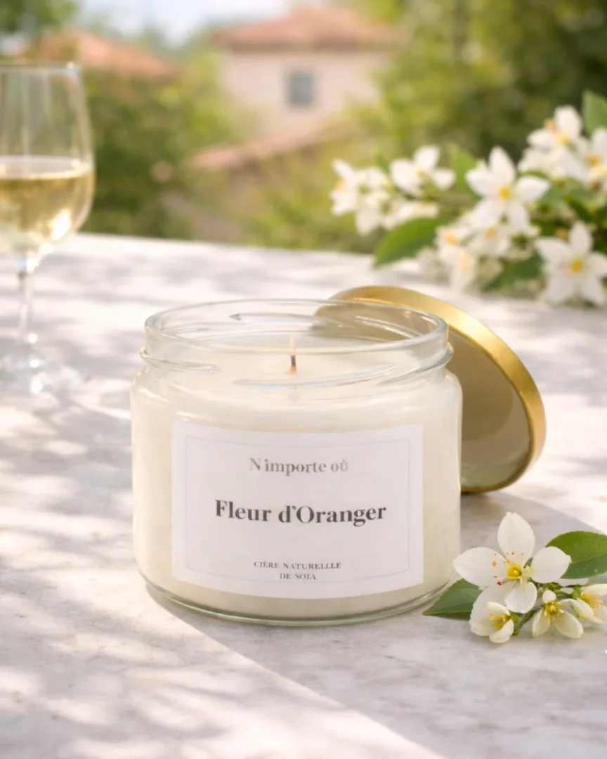 Une bougie fleur d'oranger de la collection Bohème de Nio par N'importe où, fait main, pour annoncer la réduction de 15% sur la première commande