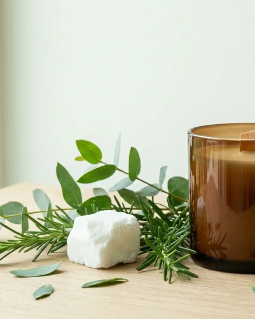 Une bougie Nio par N'importe où coulée à la main, à coté d'une petite branche avec des feuilles vertes et une morceau de cire végétale et naturelle 