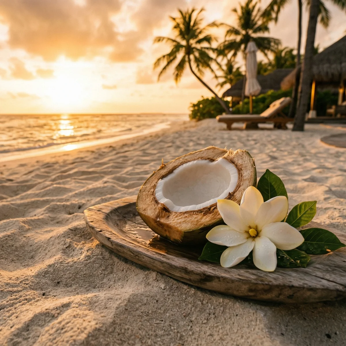 une noix de coco et fleur de monoï sur une plage des tropiques, Pour s'évader et voyager avec les articles parfumés de Nio par N'importe où, fait main