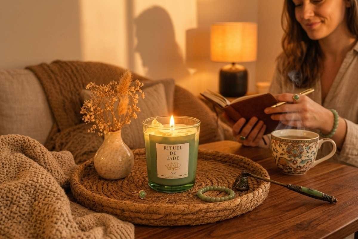 Bougies bijoux sont tendance cette année. La bougie bijou Rituel de Jade signée Niõ, allumée sur une table, dans un intérieur cocooning joliment décoré, une jeune femme en arrière plan profite de son rituel, soirée, lumière tamisée